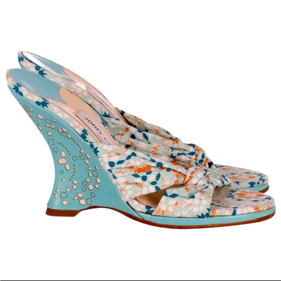 Jimmy Choo Shoes - Jimmy Choo Printed Slip On Wedge Sandals in Multicolor Cotton